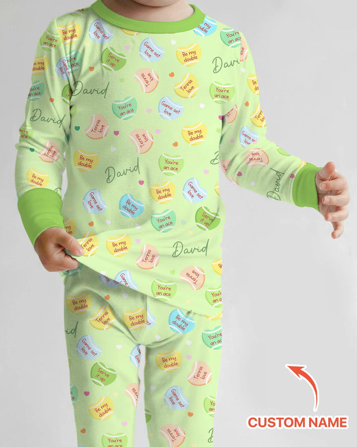 Custom Name Tennis Candy Hearts Bamboo Two Piece Long Sleeve Pajama Set
