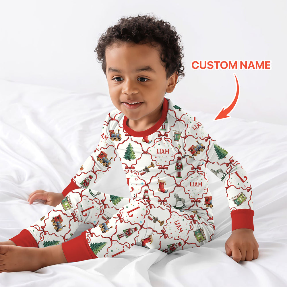 Vintage Christmas Toy Custom Name Boy Two Piece Long Sleeve Pajama Set , Vintage Christmas Toy Custom Name Boy Two Piece Long Sleeve Pajama Set - 12-18M