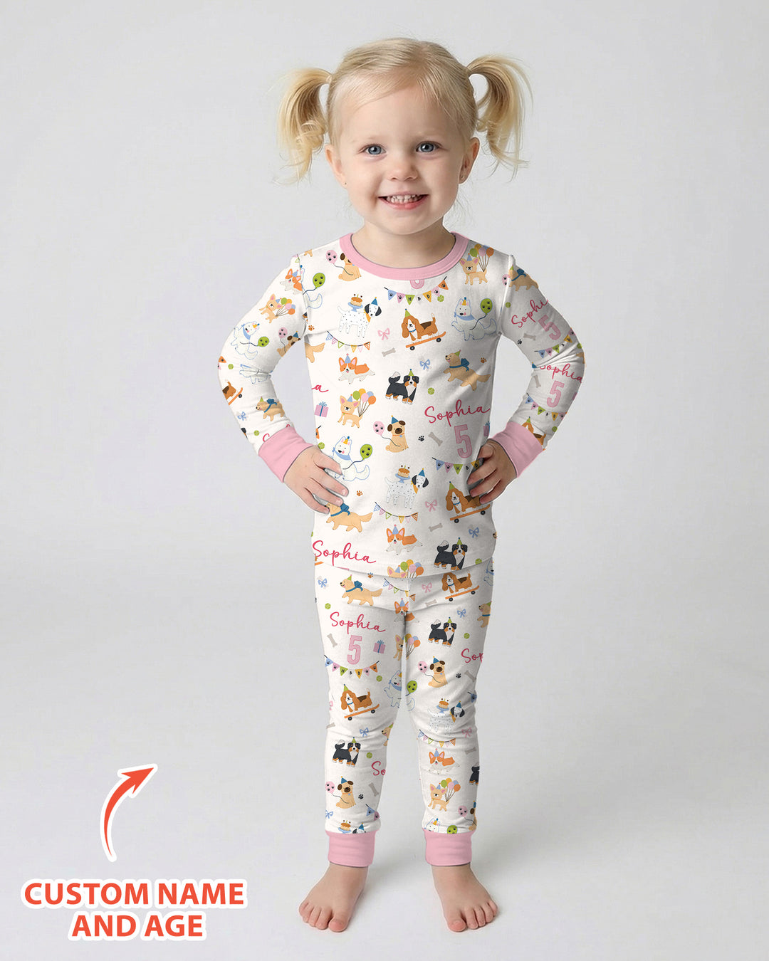 Custom Name Birthday Dogs Party Bamboo Two Piece Long Sleeve Pajama Set