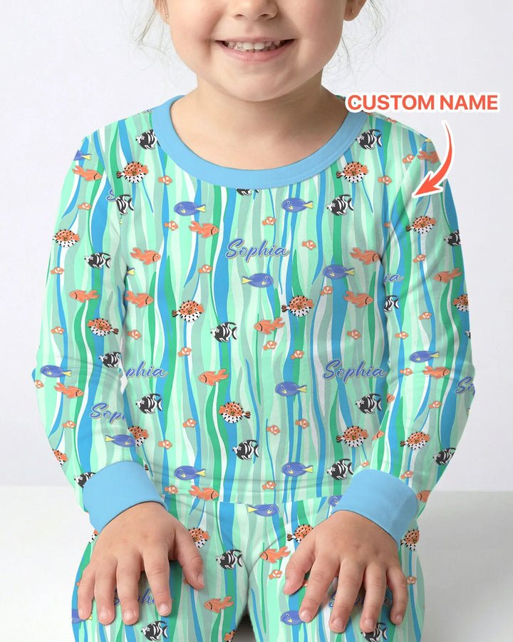 Custom Name Summer Beach Bamboo Two Piece Long Sleeve Pajama Set