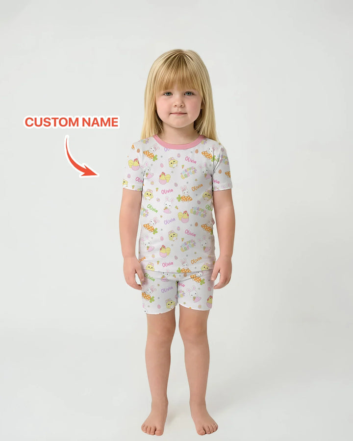 Custom name Happy Easter Two Piece Short Sleeve Shorts Pajama Set