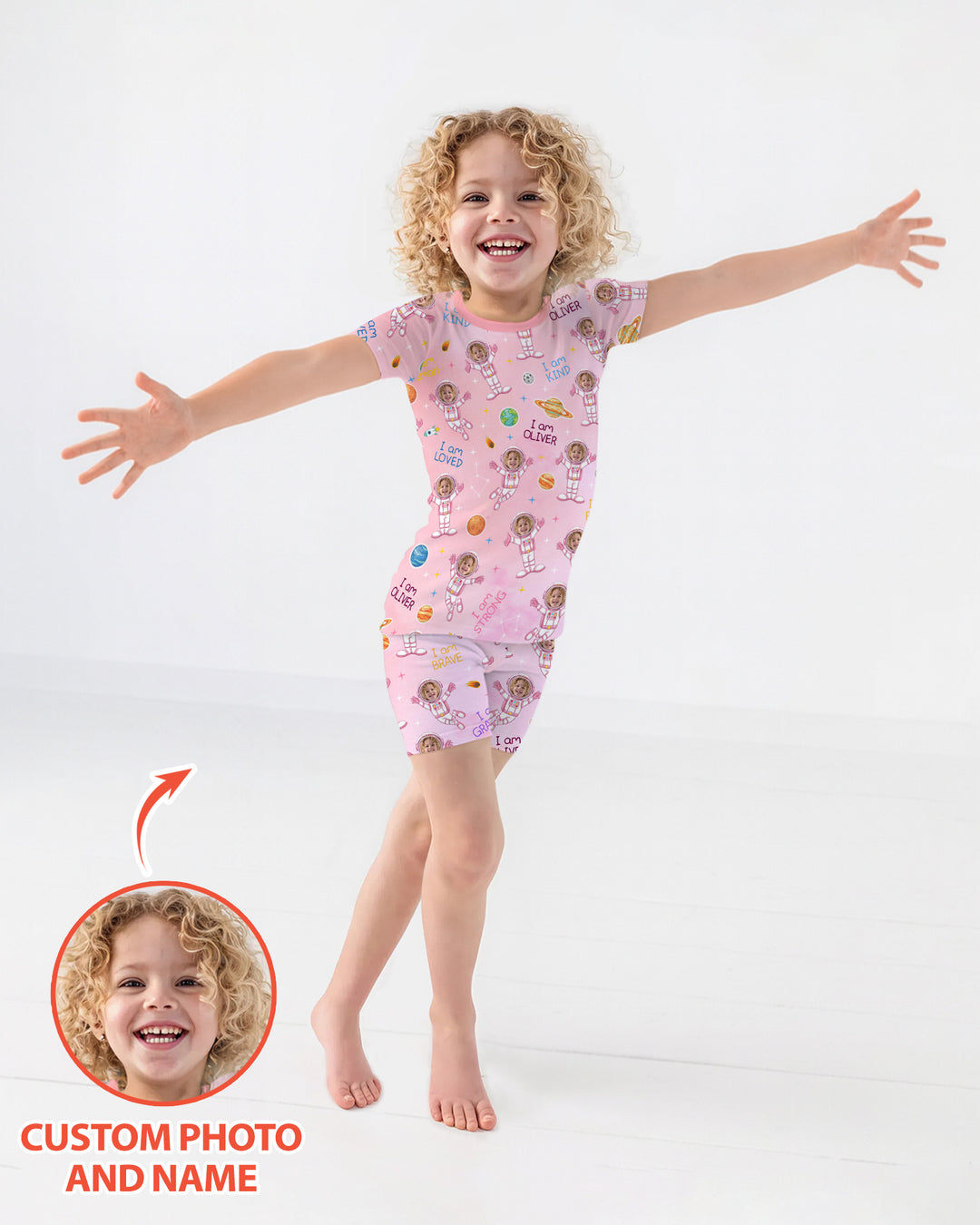 Custom Photo Kid Affirmations I Am Kind Astronaut Bamboo Two Piece Short Sleeve Pajama Set
