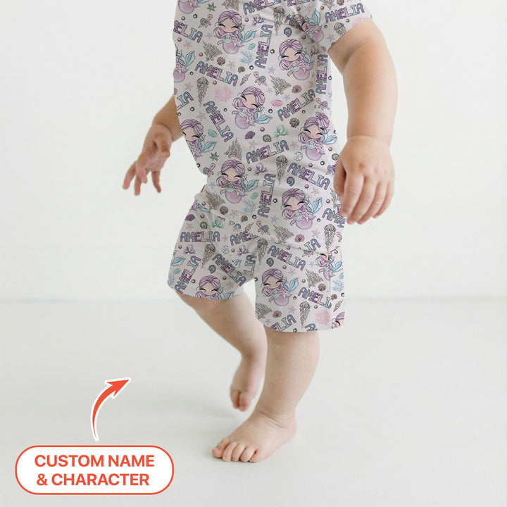 Custom Name Doodle Little Mermaid Two Piece Short Sleeve Shorts Pajama Set