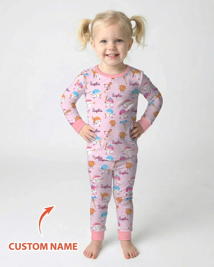 Custom Name Ballparl Family Matching Bamboo Two Piece Long Sleeve Pajama Set