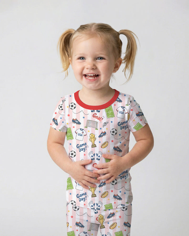 Striped Soccer Game Day Family Matching Bamboo Two Piece Short Sleeve Pajama Set