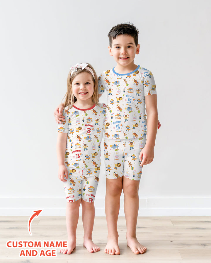 Custom Name Birthday Circus Bamboo Two Piece Short Sleeve Shorts Pajama Set