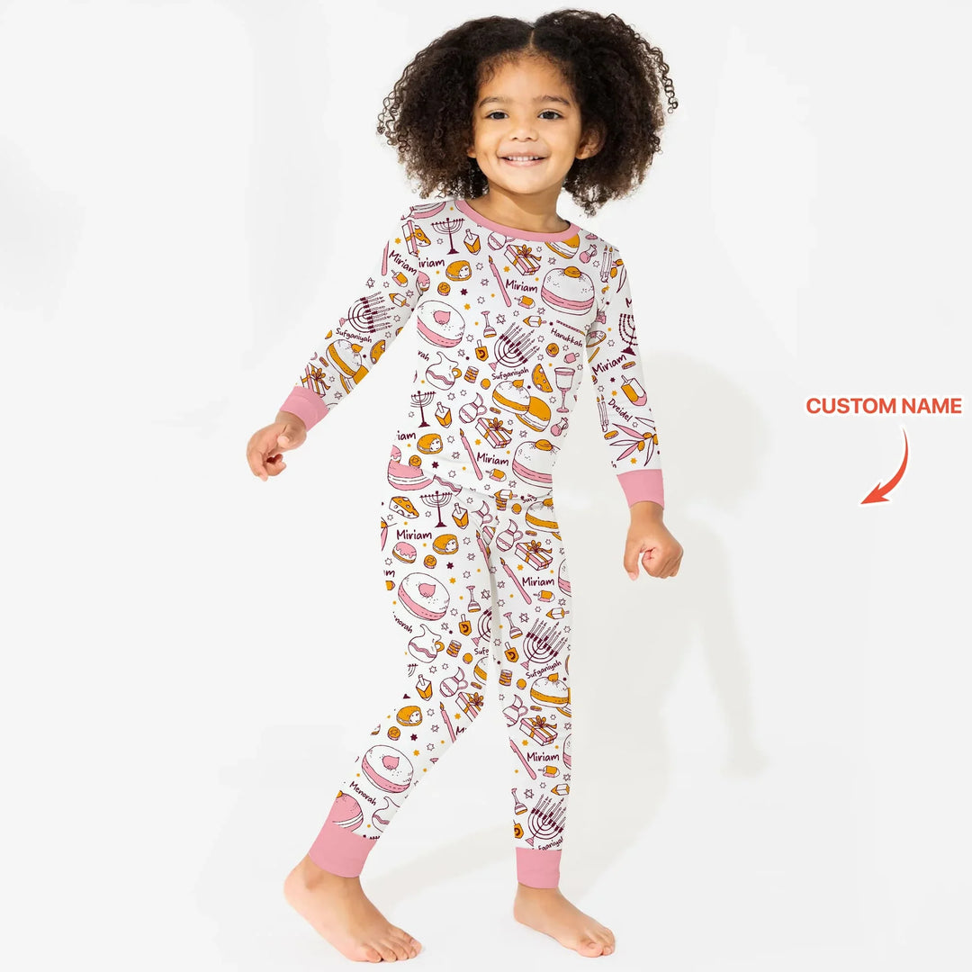 Happy Hanukkah Doodles Custom Name Family Matching Two Piece Long Sleeve Pajama Set