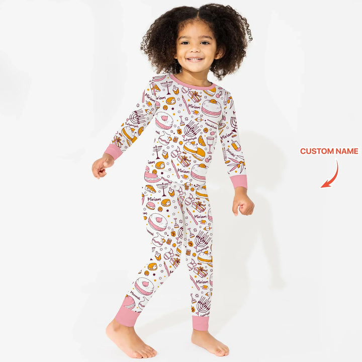 Happy Hanukkah Doodles Custom Name Family Matching Two Piece Long Sleeve Pajama Set