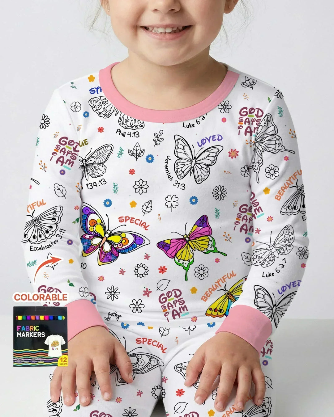 Colorable God Says I Am Butterfly Two Piece Long Sleeve Pajama Set