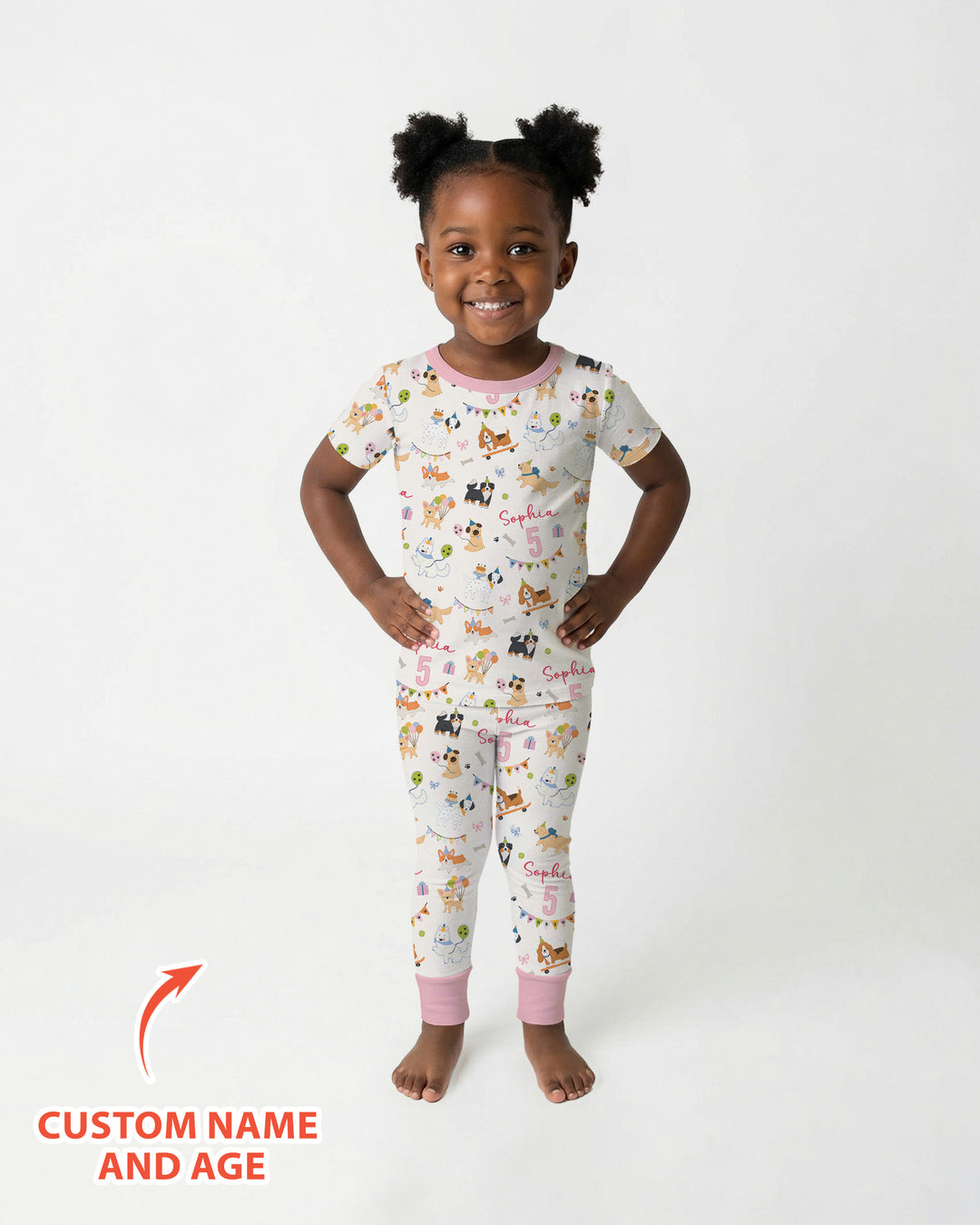 Custom Name Birthday Dogs Party Bamboo Two Piece Short Sleeve Pajama Set