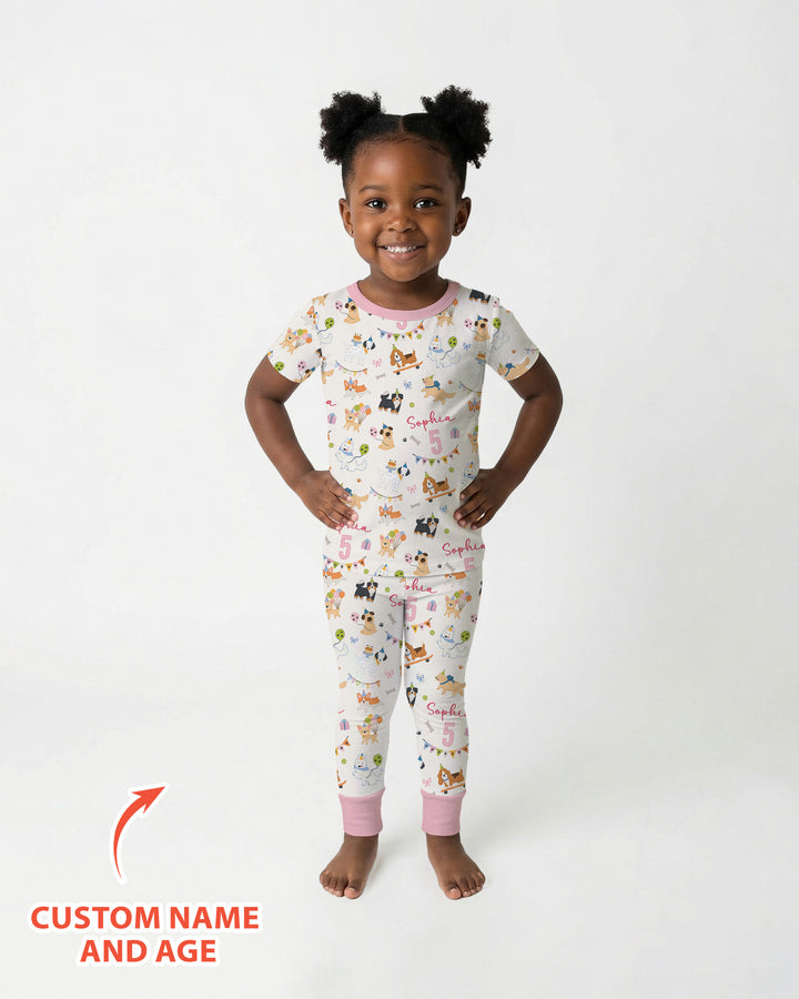 Custom Name Birthday Dogs Party Bamboo Two Piece Short Sleeve Pajama Set