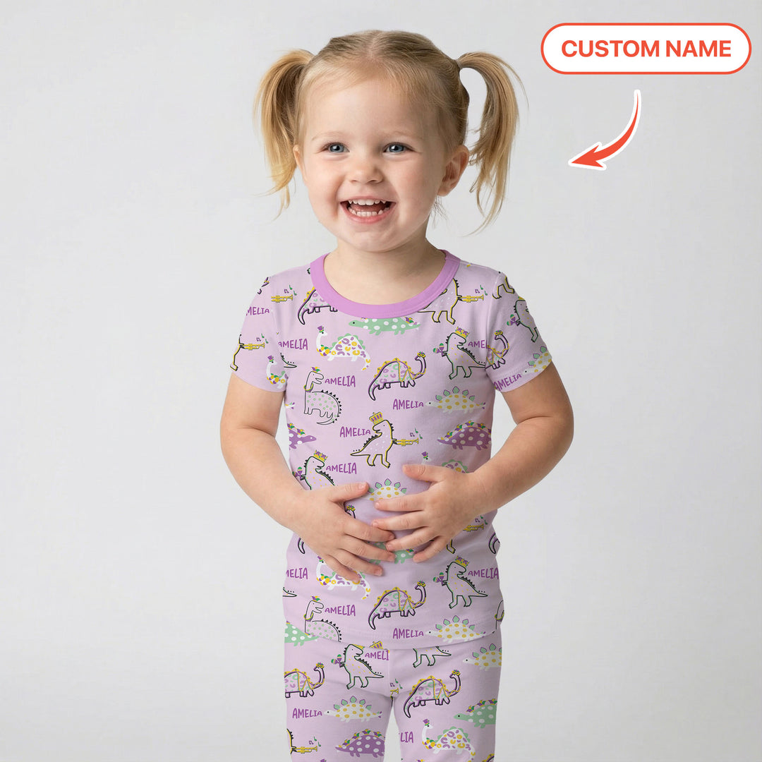 Custom Name Mardi Gras Saurus Two Piece Short Sleeve Pajama Set