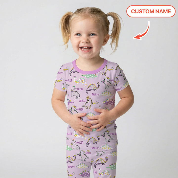 Custom Name Mardi Gras Saurus Two Piece Short Sleeve Pajama Set