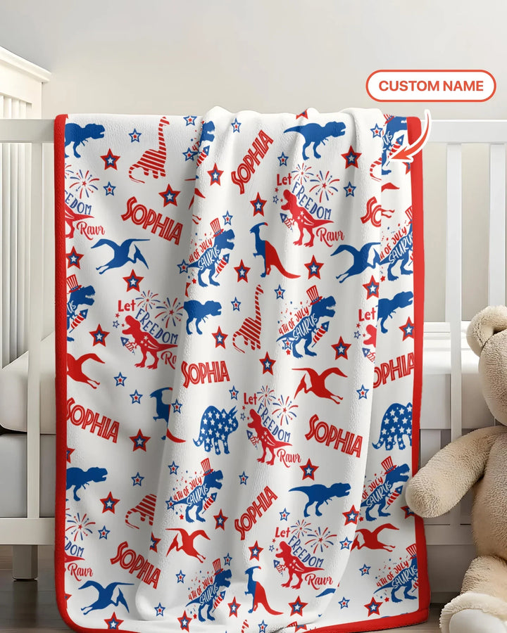 Custom Name Patriotic Dinosaur Bamboo Blanket