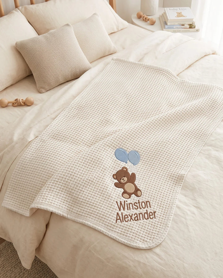 Personalized Dream Bear Embroidered Waffle Bamboo Blanket