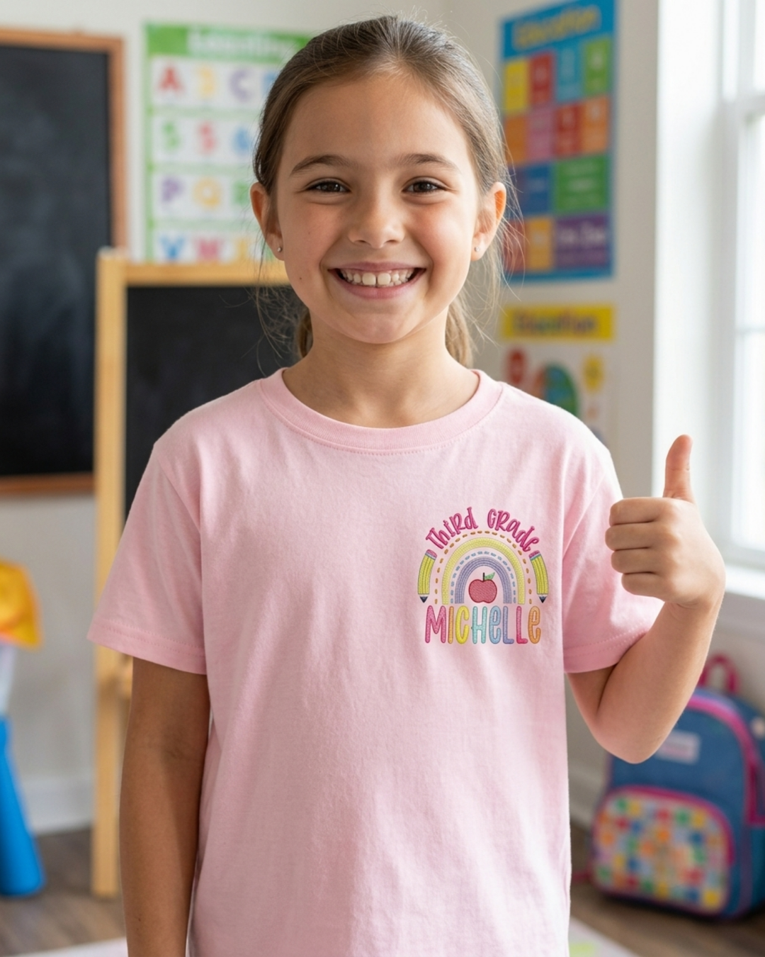 Custom Name Rainbow Third Grade Embroidered Bamboo Crewneck T-Shirt