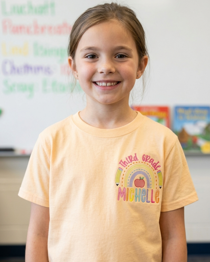Custom Name Rainbow Third Grade Embroidered Bamboo Crewneck T-Shirt