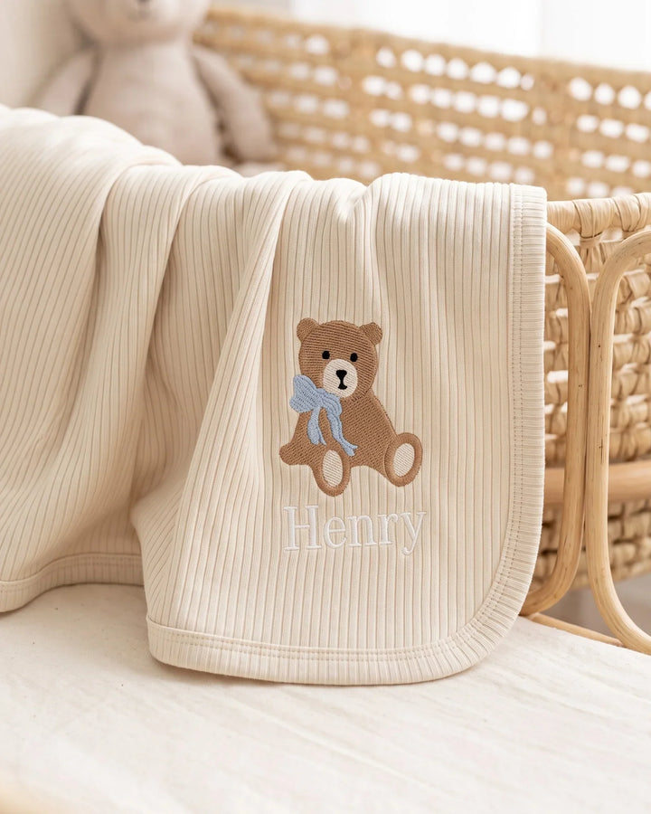 Personalized Teddy Bear Embroidered Ribbed Bamboo Blanket