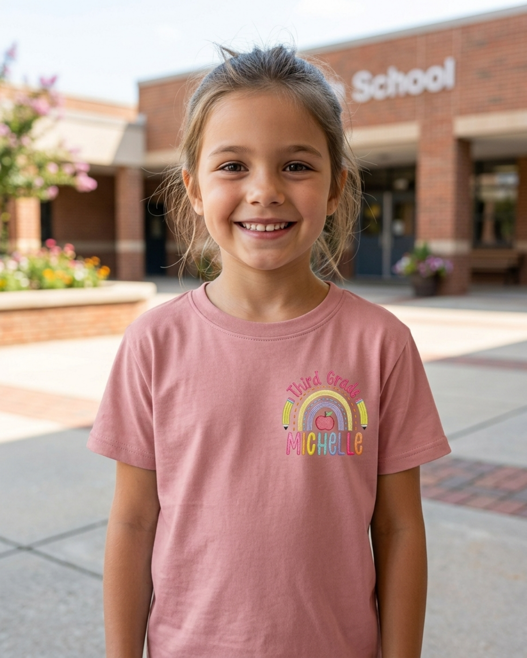 Custom Name Rainbow Third Grade Embroidered Bamboo Crewneck T-Shirt