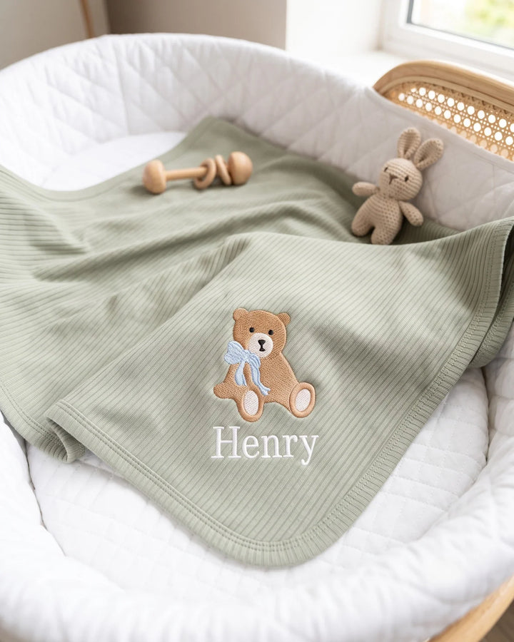 Personalized Teddy Bear Embroidered Ribbed Bamboo Blanket