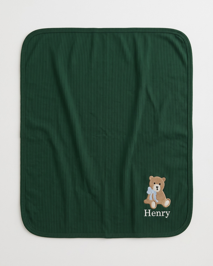 Personalized Teddy Bear Embroidered Ribbed Bamboo Blanket