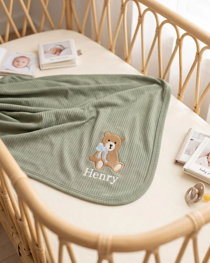 Personalized Teddy Bear Embroidered Ribbed Bamboo Blanket
