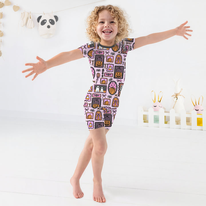 Spooky Frames Two Piece Short Sleeve Shorts Pajama Set For Halloween