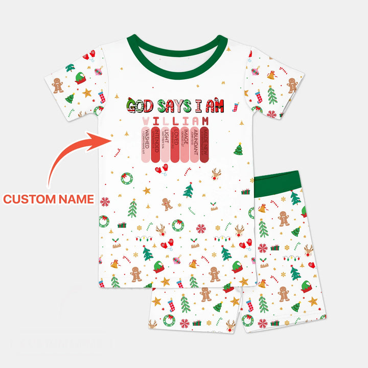 Christmas Blessings God Says I Am Custom Name Two Piece Short Sleeve Shorts Pajama Set , Christmas Blessings God Says I Am Custom Name Two Piece Short Sleeve Shorts Pajama Set - 12-18M