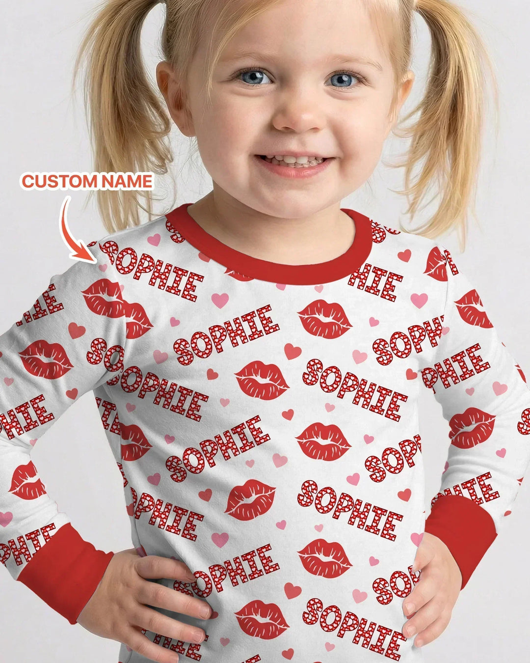 Custom Name Valentine Kiss Two Piece Long Sleeve Pajama Set