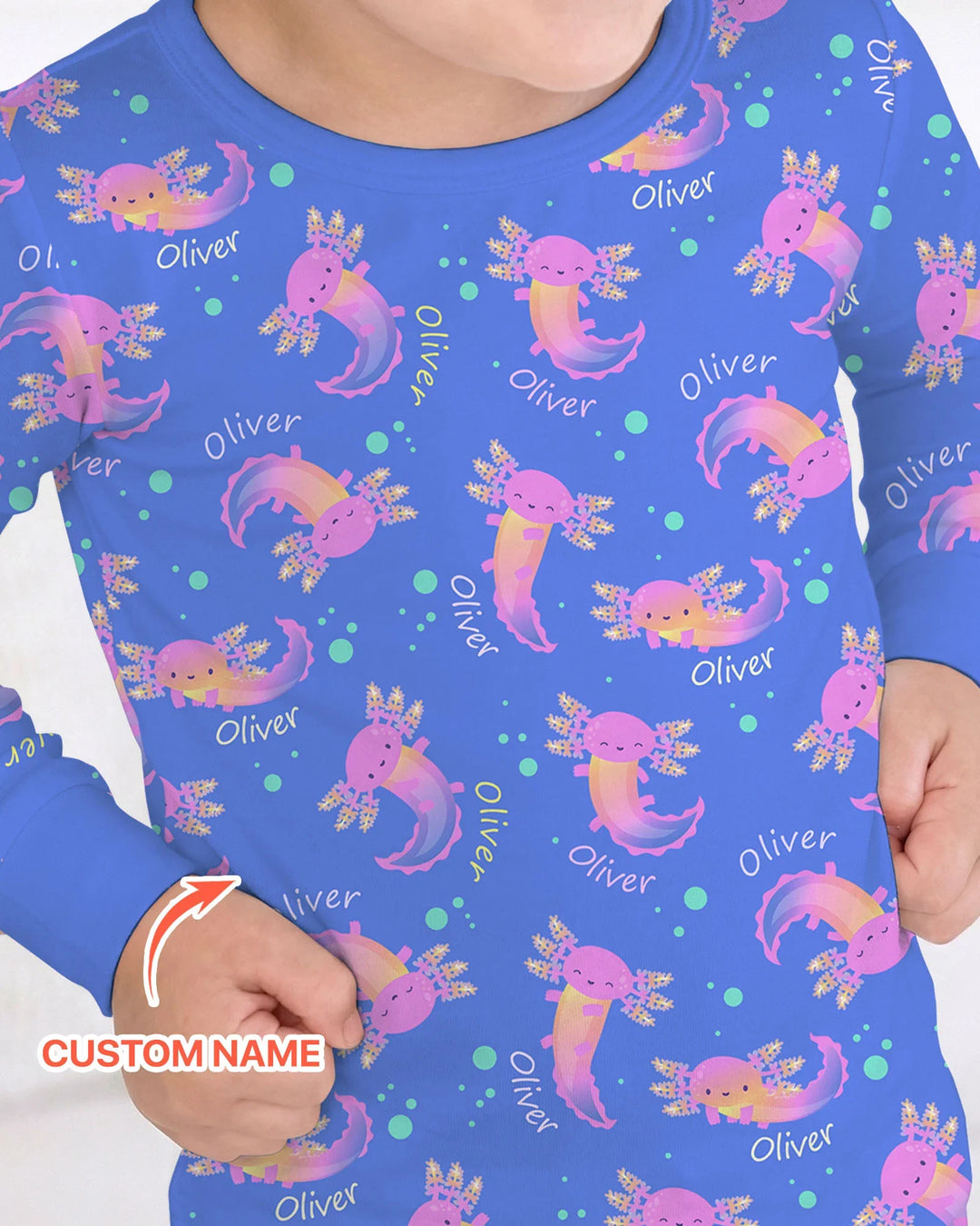 Pijama de dos piezas de manga larga de bambú con nombre personalizado y diseño de ajolote que brilla en la oscuridad