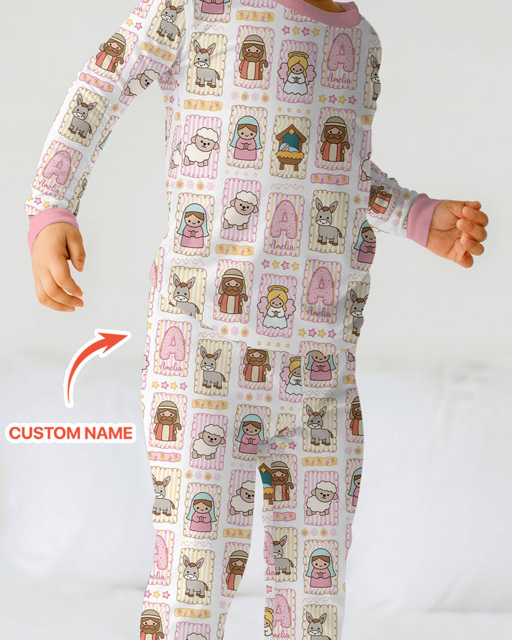 Custom Name Christmas Nativity Two Piece Long Sleeve Pajama Set
