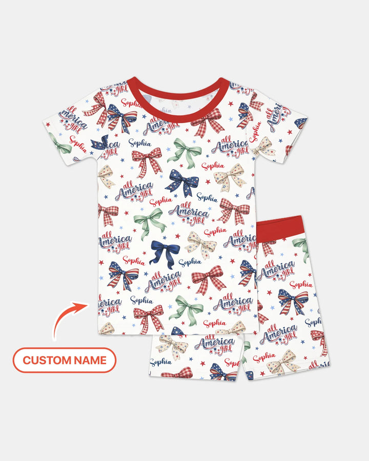 Custom Name All American Girl Bamboo Two Piece Short Sleeve Shorts Pajama Set