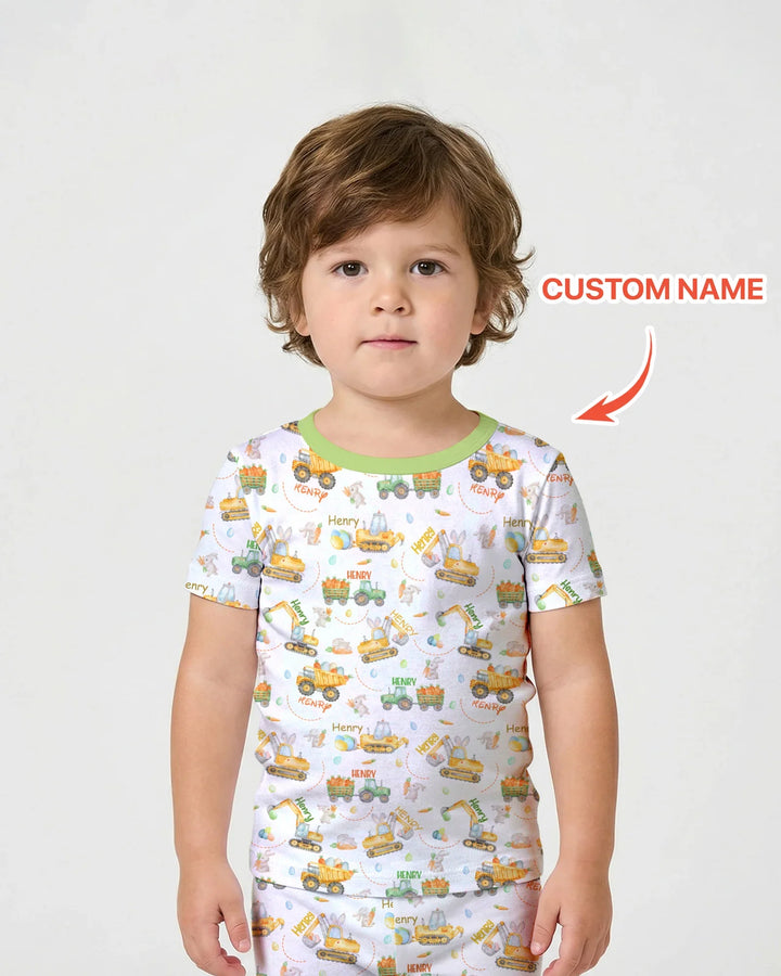 Easter Construction Vehicles Custom Name Two Piece Short Sleeve Shorts Pajama Set