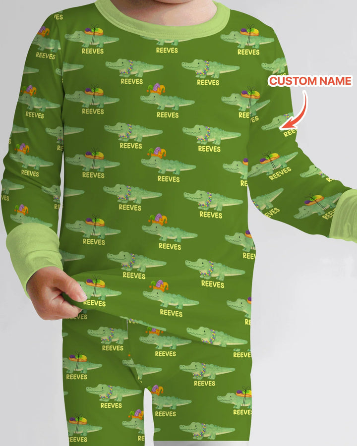 Custom Name Mardi Gras Gator Two Piece Long Sleeve Pajama Set