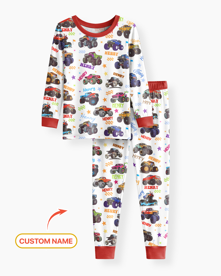 Pijama de dos piezas de bambú con nombre personalizado de Monster Truck y manga larga