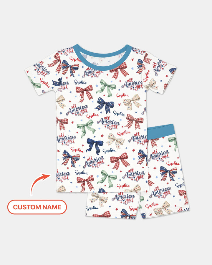 Custom Name All American Girl Bamboo Two Piece Short Sleeve Shorts Pajama Set