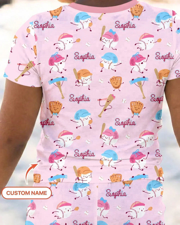 Custom Name Ballparl Family Matching Bamboo Two Piece Short Sleeve Pajama Set