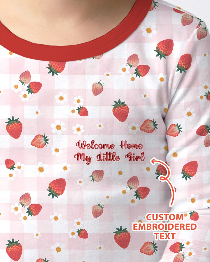 Conjunto de pijama de dos piezas de bambú con bordado de fresas y texto personalizado de manga larga