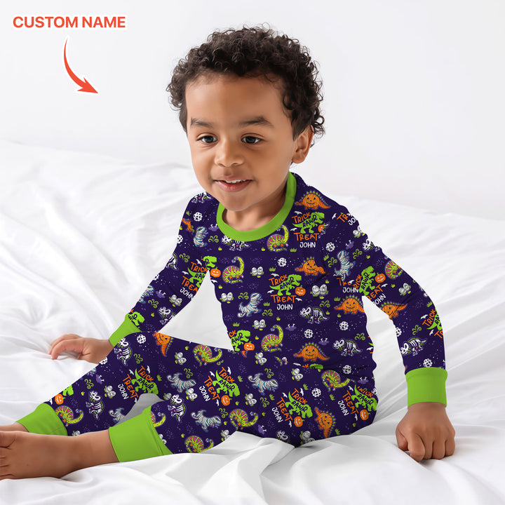 Trick Rawr Treat Custom Name Two Piece Long Sleeve Pajama Set