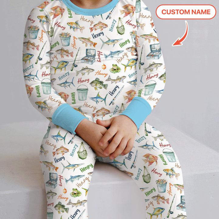 Happy Fishing Adventure Custom Name Two Piece Long Sleeve Pajama Set