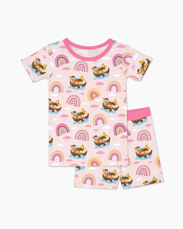 Conjunto de pijama de dos piezas de pantalón corto y manga corta "El Arca de Noé y la promesa del arcoíris de Dios"