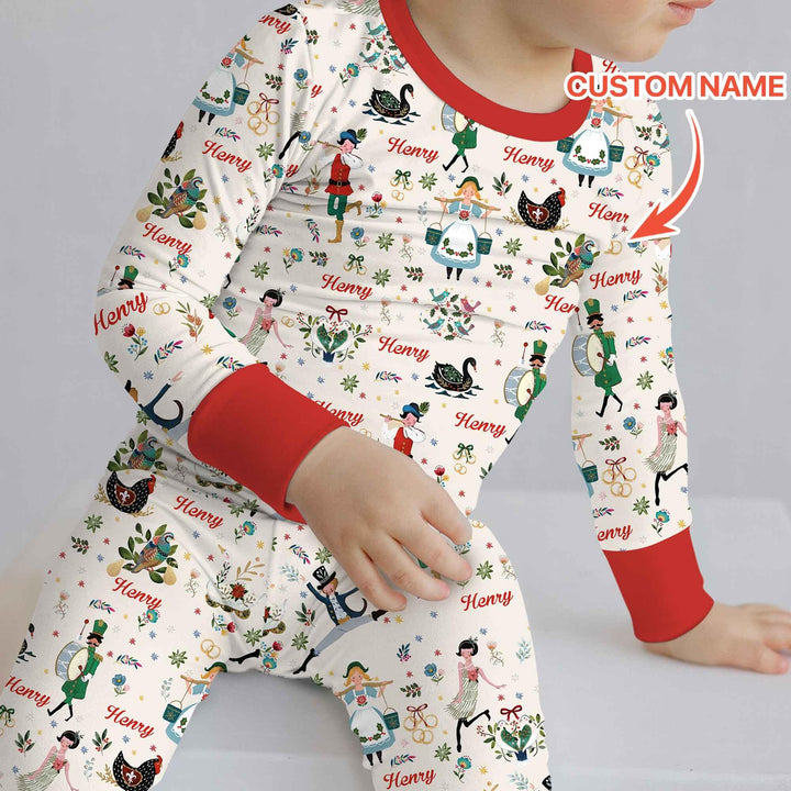 12 Days Of Christmas Custom Name Two Piece Long Sleeve Pajama Set , 12 Days Of Christmas Custom Name Two Piece Long Sleeve Pajama Set - 12-18M / Girl