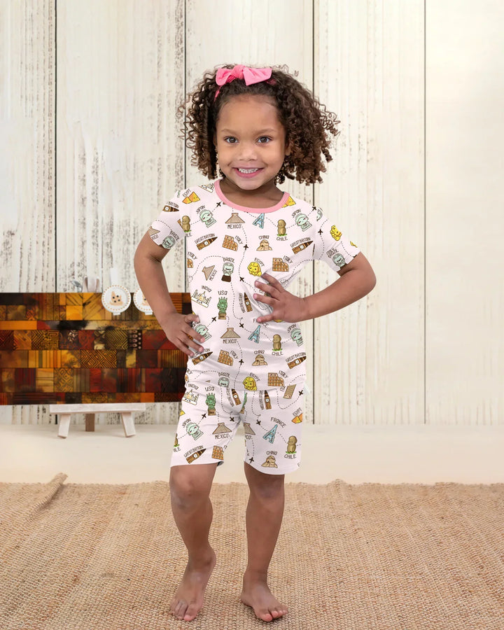 Kawaii World Tour Two Piece Short Sleeve Shorts Pajama Set