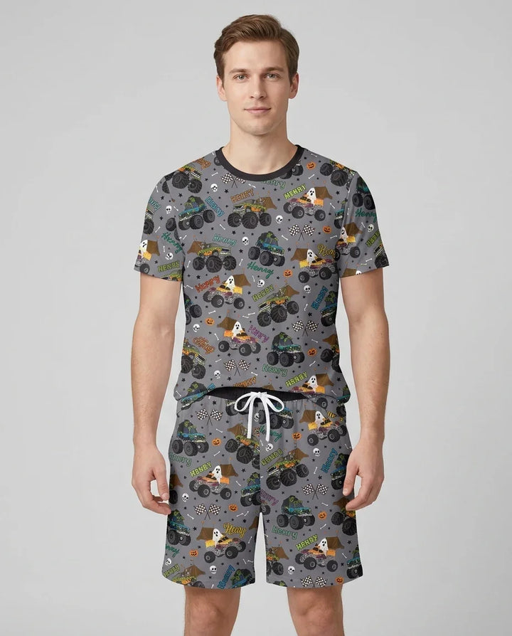 Custom Name Halloween Creepy Crusher Family Matching Bamboo Men Short Sleeve Short Pajama Set