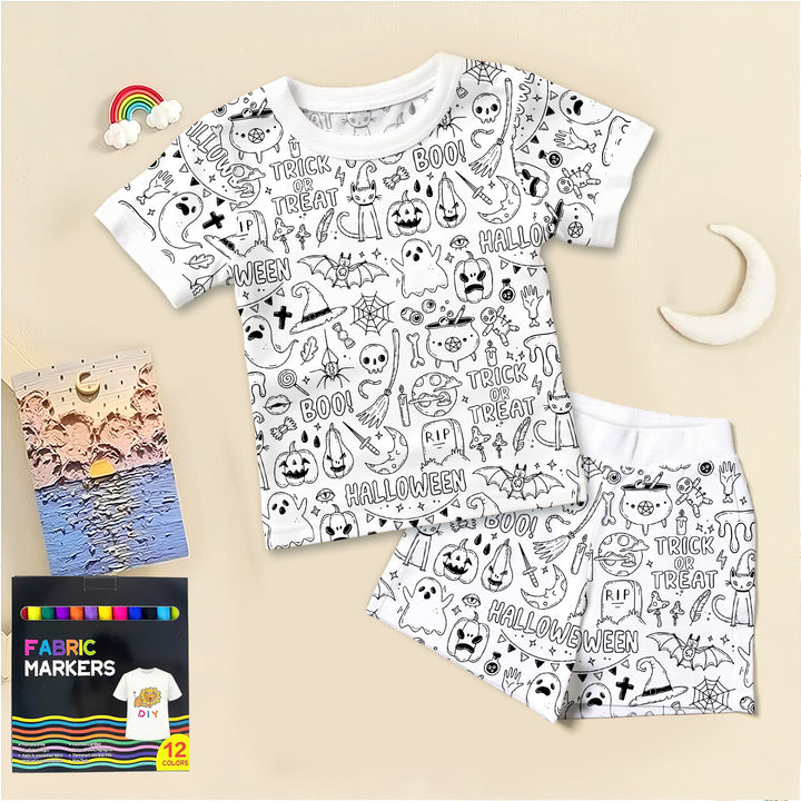 Boo! Colorable Halloween Two Piece Short Sleeve Shorts Pajama Set