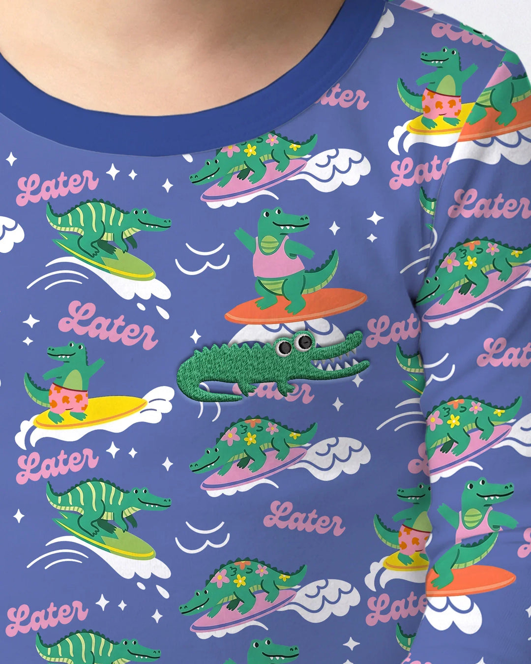 Conjunto de pijama de dos piezas de bambú de manga larga con cocodrilo bordado para verano