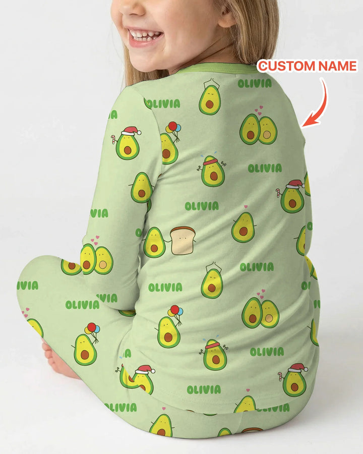 Custom Name Cute Avocado Two Piece Long Sleeve Pajama Set