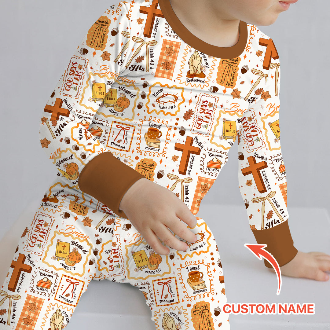 Custom Name I Am Thankful For Jesus Two Piece Long Sleeve Pajama Set , Custom Name I Am Thankful For Jesus Two Piece Long Sleeve Pajama Set - 12-18M