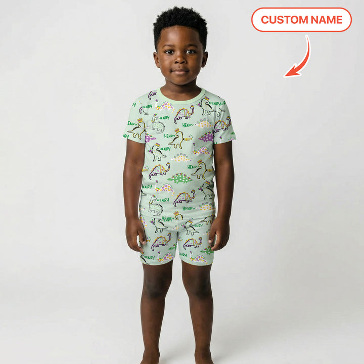 Custom Name Mardi Gras Saurus Two Piece Short Sleeve Shorts Pajama Set