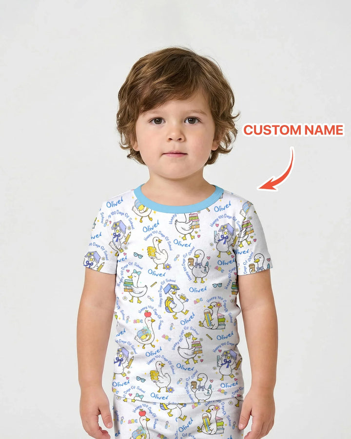 Custom Name Goose Happy 100 Days Of School Two Piece Short Sleeve Shorts Pajama Set